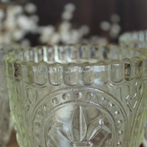 Vintage 1990s Anthropologie Cut Glass Candle Holders, Fleur De Lis Pattern, Set - Picture 3 of 10